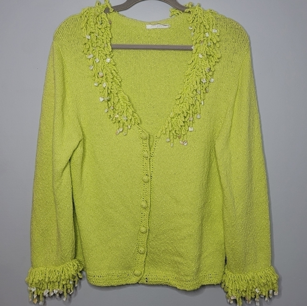 Mifresia Large Yellow Green Fringe Seashell Knit Cardigan